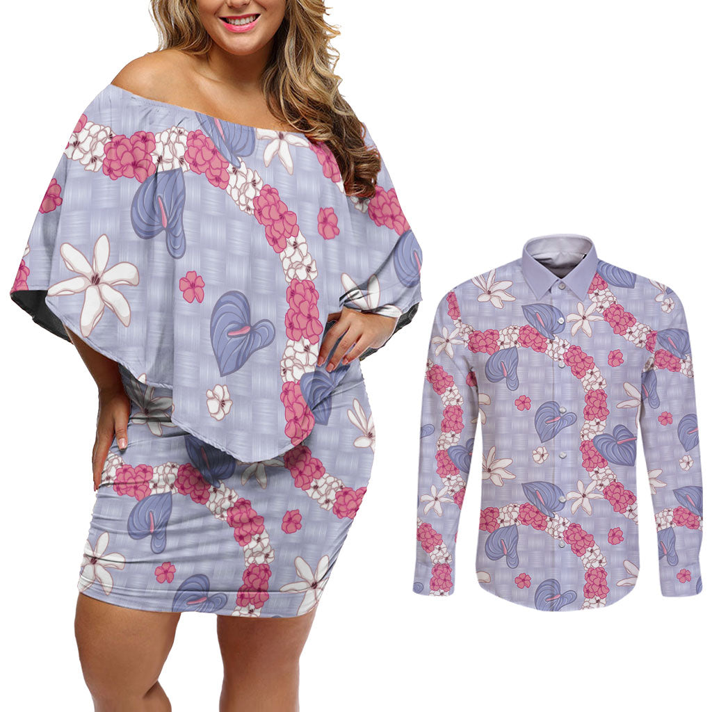 Hawaii Anthurium Tiare Pikake Lei Couples Matching Off Shoulder Short Dress and Long Sleeve Button Shirt Poni Lauhala Art Pattern LT01 Purple - Polynesian Pride