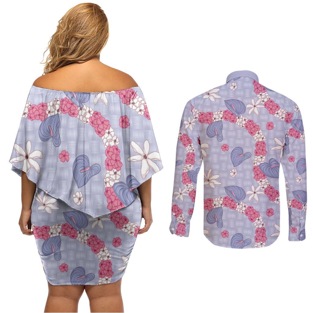 Hawaii Anthurium Tiare Pikake Lei Couples Matching Off Shoulder Short Dress and Long Sleeve Button Shirt Poni Lauhala Art Pattern LT01 - Polynesian Pride
