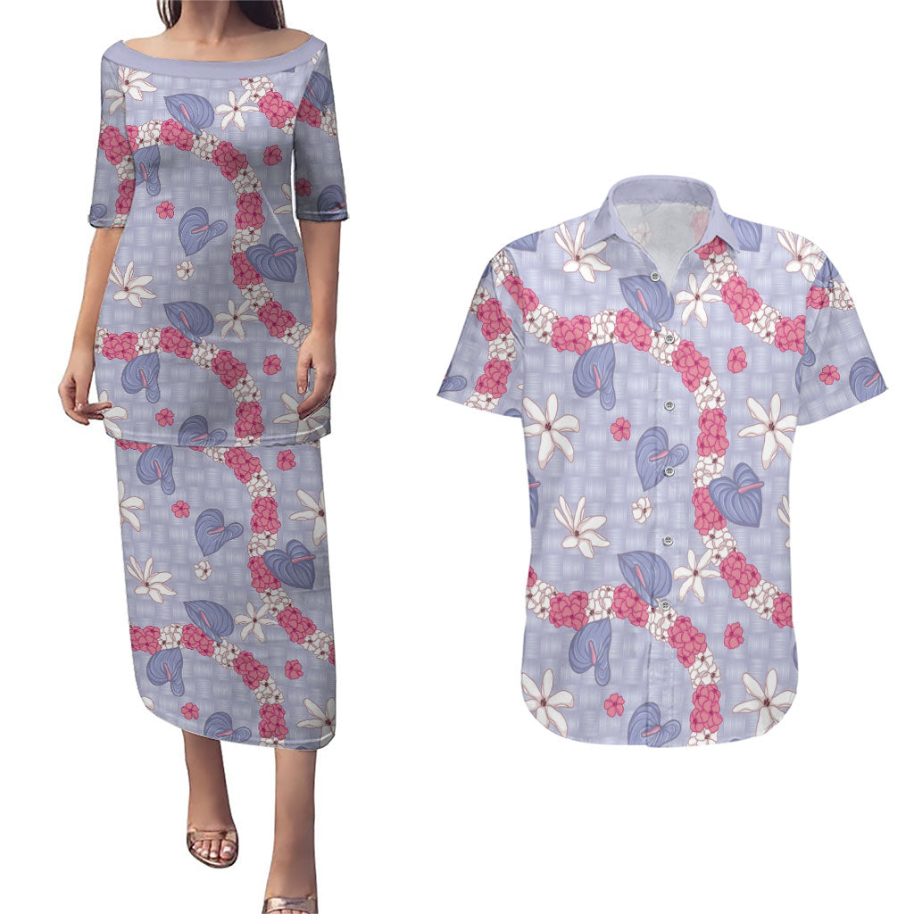 Hawaii Anthurium Tiare Pikake Lei Couples Matching Puletasi and Hawaiian Shirt Poni Lauhala Art Pattern LT01 Purple - Polynesian Pride