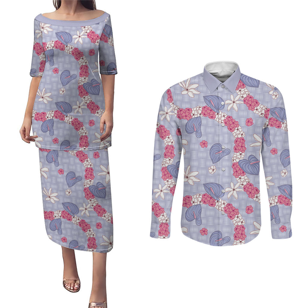 Hawaii Anthurium Tiare Pikake Lei Couples Matching Puletasi and Long Sleeve Button Shirt Poni Lauhala Art Pattern LT01 Purple - Polynesian Pride