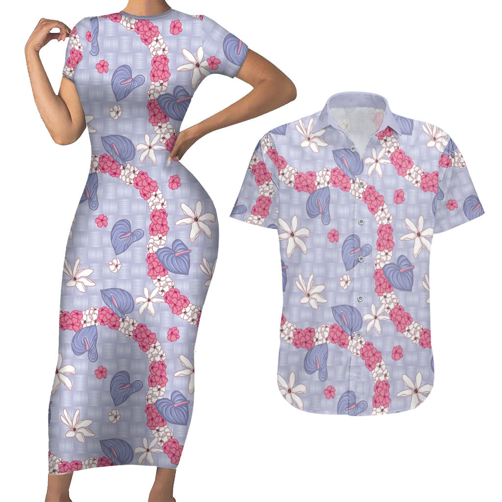 Hawaii Anthurium Tiare Pikake Lei Couples Matching Short Sleeve Bodycon Dress and Hawaiian Shirt Poni Lauhala Art Pattern LT01 Purple - Polynesian Pride