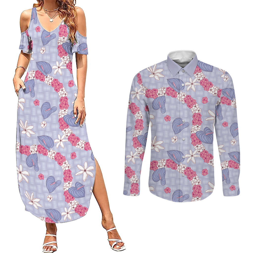 Hawaii Anthurium Tiare Pikake Lei Couples Matching Summer Maxi Dress and Long Sleeve Button Shirt Poni Lauhala Art Pattern LT01 Purple - Polynesian Pride