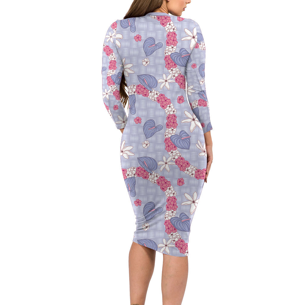 Hawaii Anthurium Tiare Pikake Lei Family Matching Long Sleeve Bodycon Dress and Hawaiian Shirt Poni Lauhala Art Pattern