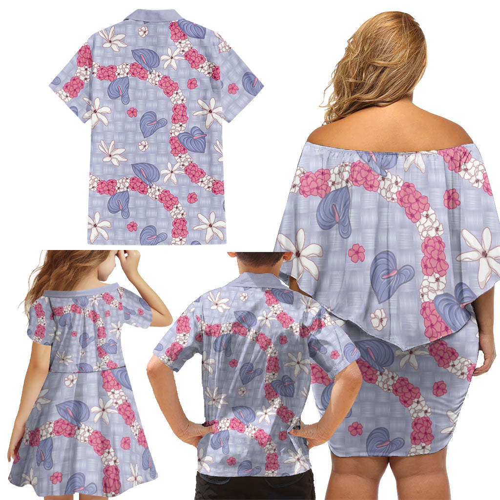 Hawaii Anthurium Tiare Pikake Lei Family Matching Off Shoulder Short Dress and Hawaiian Shirt Poni Lauhala Art Pattern
