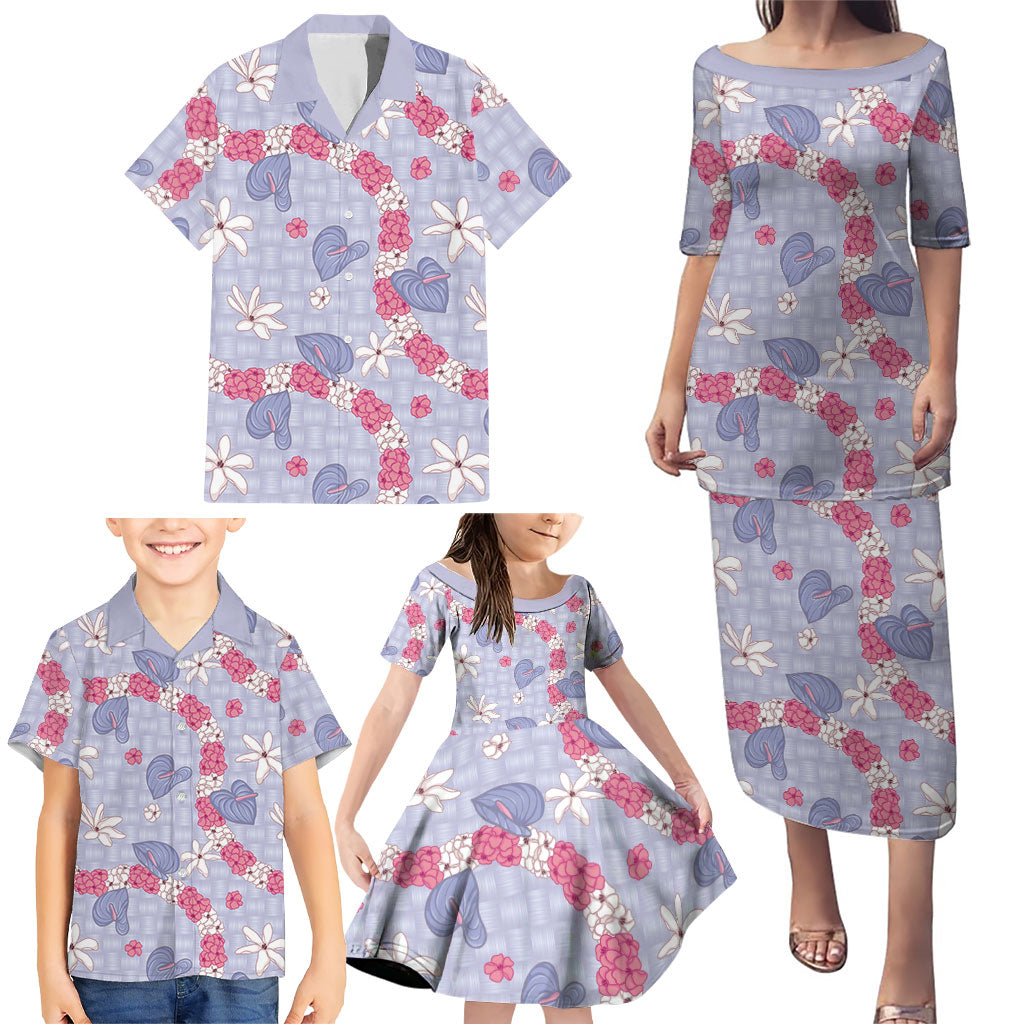 Hawaii Anthurium Tiare Pikake Lei Family Matching Puletasi and Hawaiian Shirt Poni Lauhala Art Pattern
