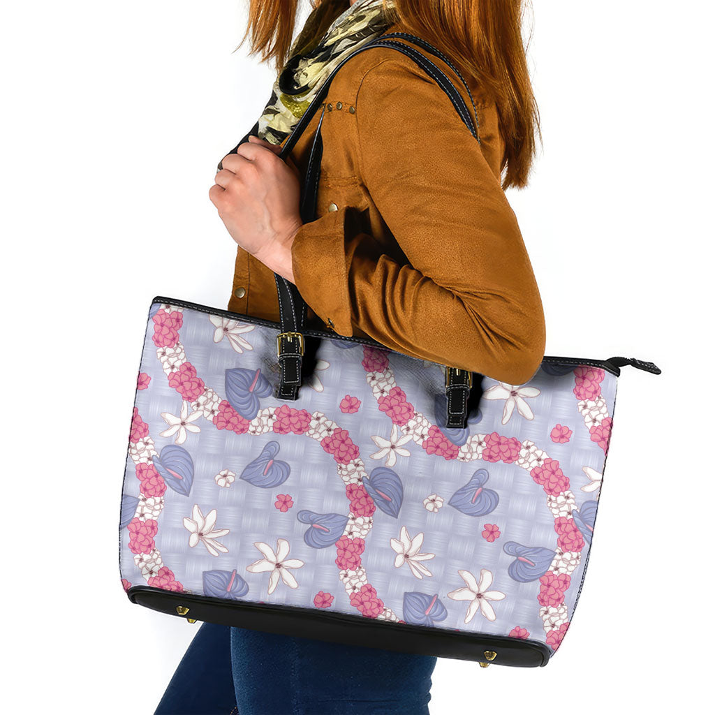 Hawaii Anthurium Tiare Pikake Lei Leather Tote Bag Poni Lauhala Art Pattern LT01 Purple - Polynesian Pride