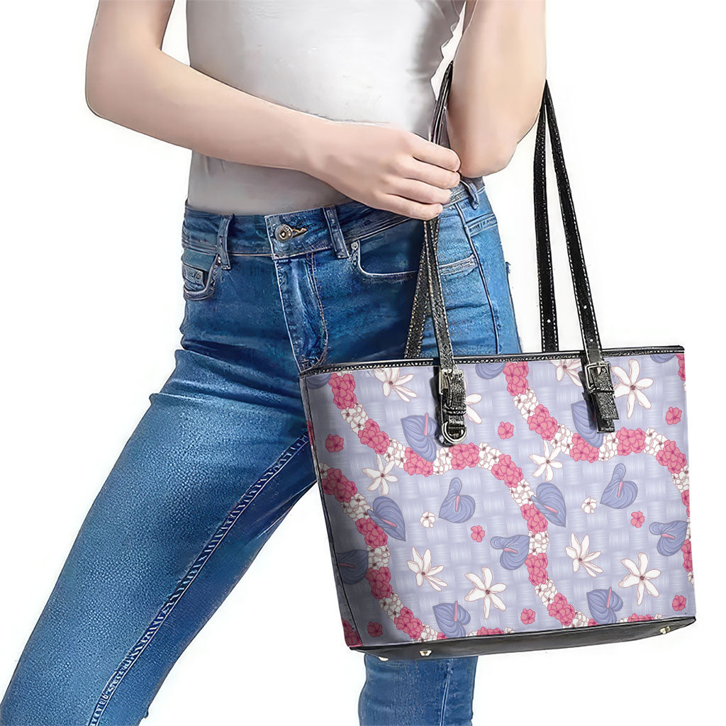 Hawaii Anthurium Tiare Pikake Lei Leather Tote Bag Poni Lauhala Art Pattern LT01 - Polynesian Pride
