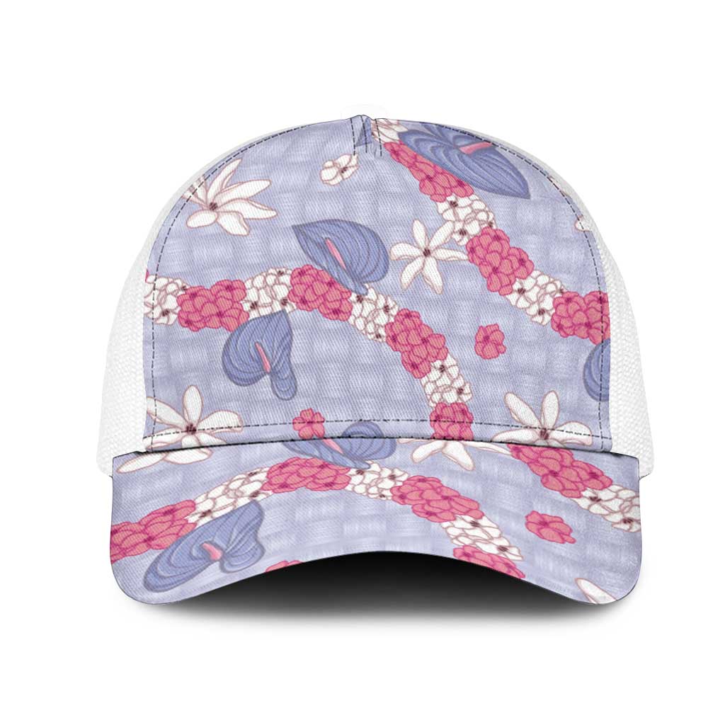 Hawaii Anthurium Tiare Pikake Lei Mesh Trucker Cap Poni Lauhala Art Pattern LT01 One Size White Purple - Polynesian Pride