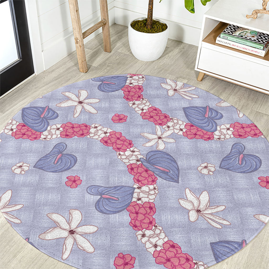 Hawaii Anthurium Tiare Pikake Lei Round Carpet Poni Lauhala Art Pattern LT01 Purple - Polynesian Pride