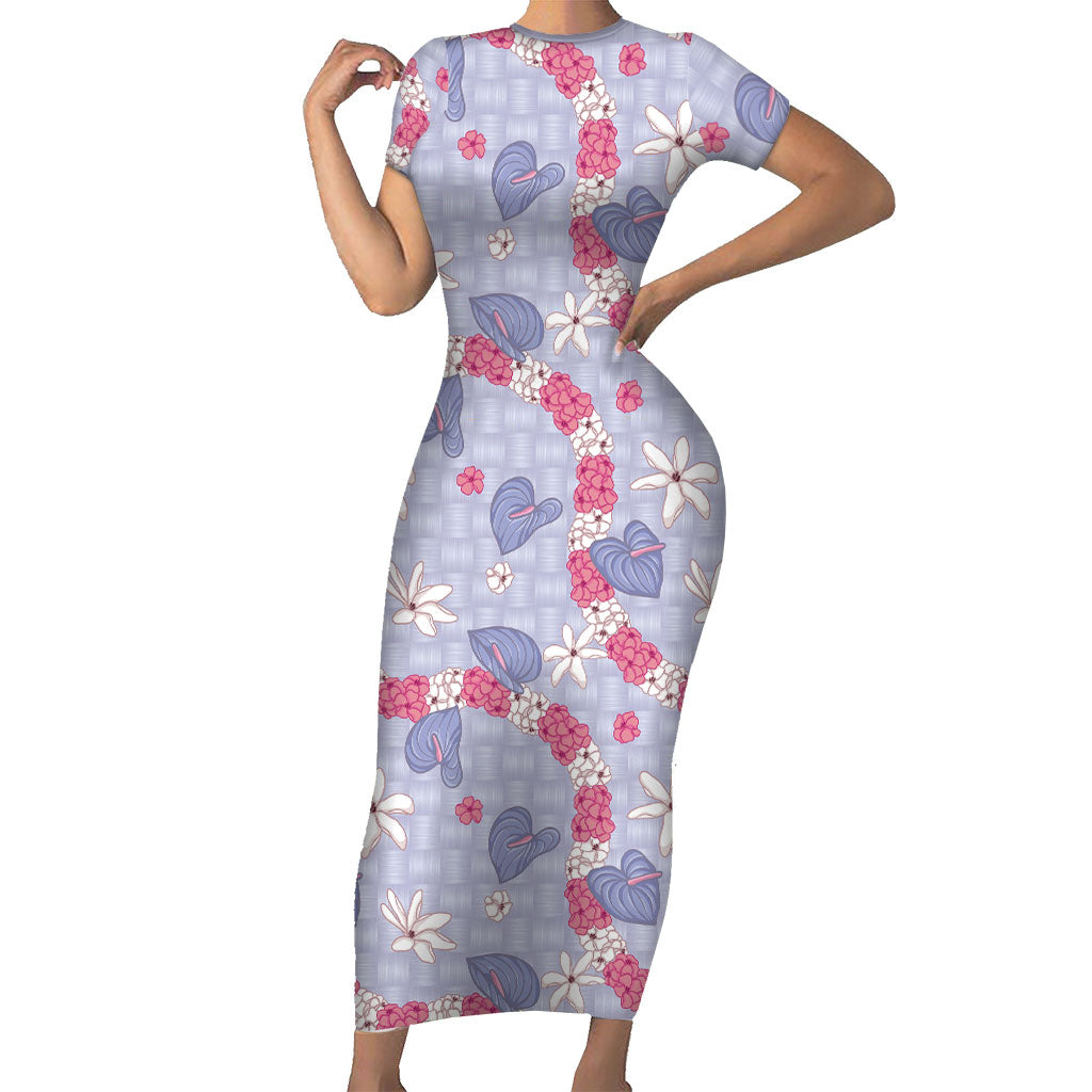 Hawaii Anthurium Tiare Pikake Lei Short Sleeve Bodycon Dress Poni Lauhala Art Pattern LT01 Long Dress Purple - Polynesian Pride
