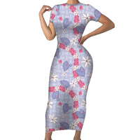 Hawaii Anthurium Tiare Pikake Lei Short Sleeve Bodycon Dress Poni Lauhala Art Pattern LT01 Long Dress Purple - Polynesian Pride