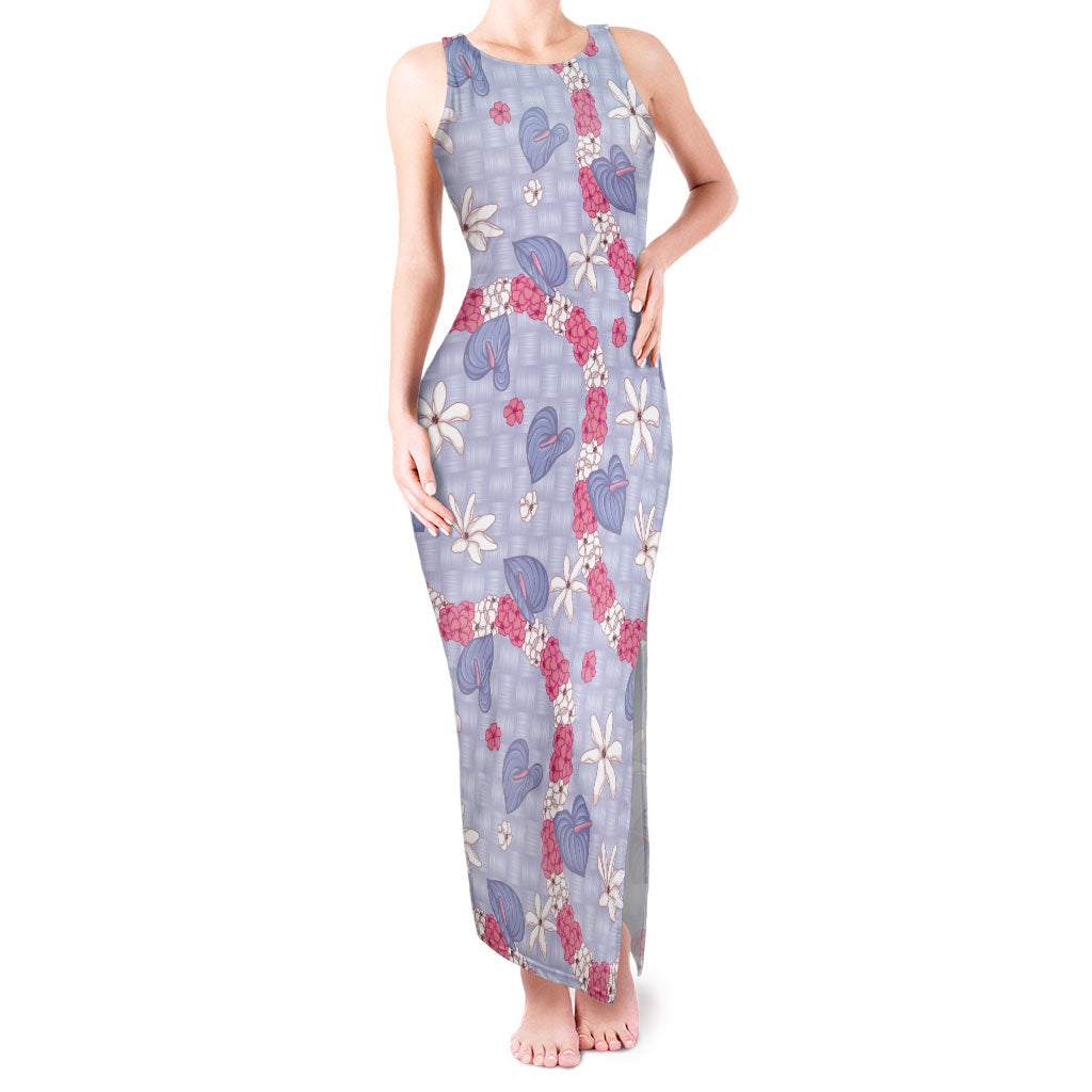 Hawaii Anthurium Tiare Pikake Lei Tank Maxi Dress Poni Lauhala Art Pattern LT01 Women Purple - Polynesian Pride