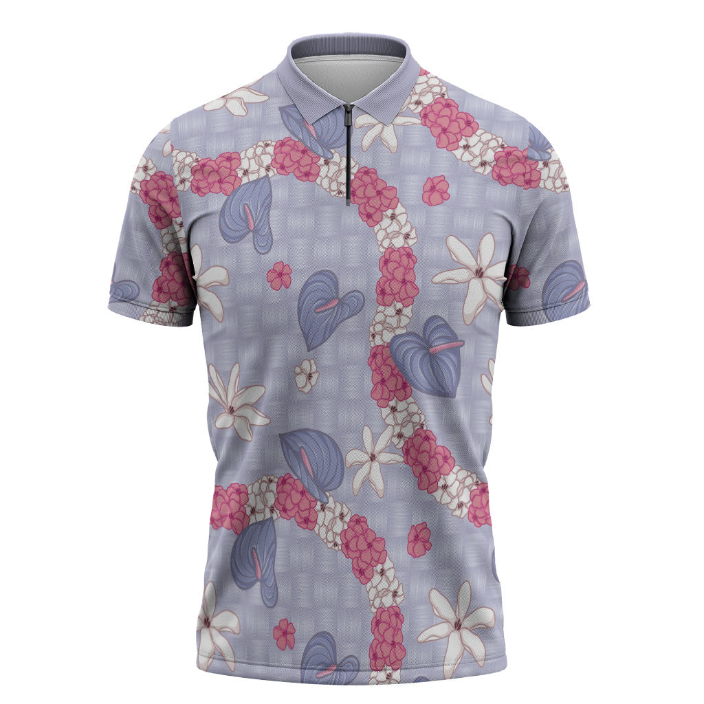 Hawaii Anthurium Tiare Pikake Lei Zipper Polo Shirt Poni Lauhala Art Pattern LT01 Purple - Polynesian Pride