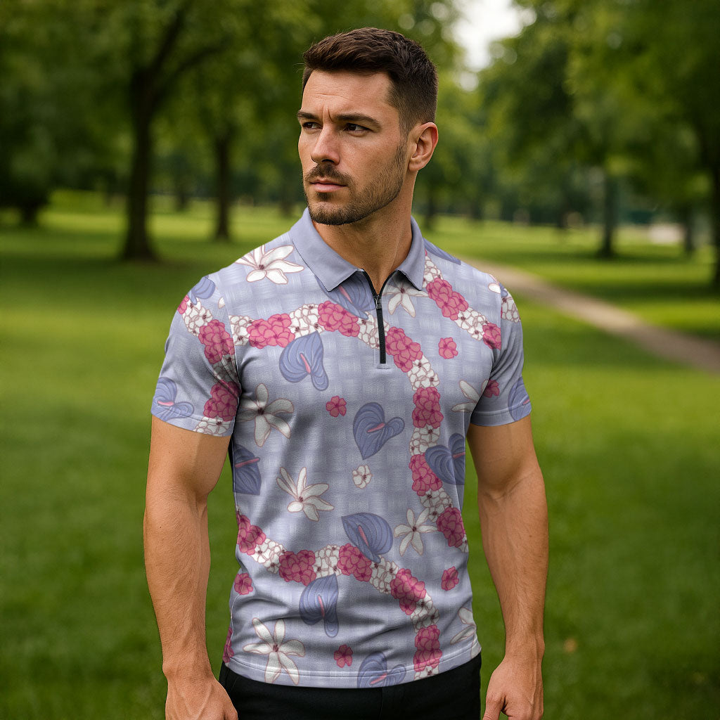 Hawaii Anthurium Tiare Pikake Lei Zipper Polo Shirt Poni Lauhala Art Pattern LT01 - Polynesian Pride