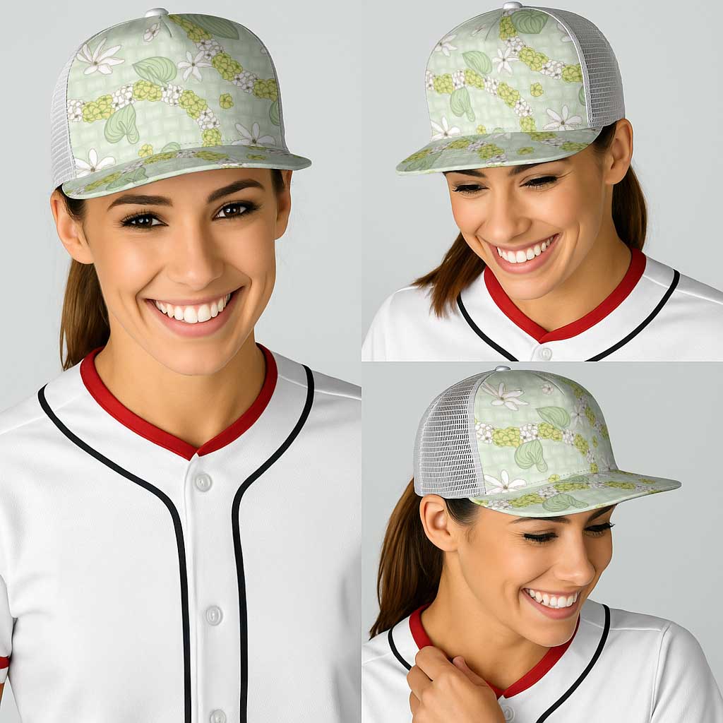Hawaii Anthurium Tiare Pikake Lei Baseball Net Cap Sage Green Lauhala Art Pattern LT01 - Polynesian Pride