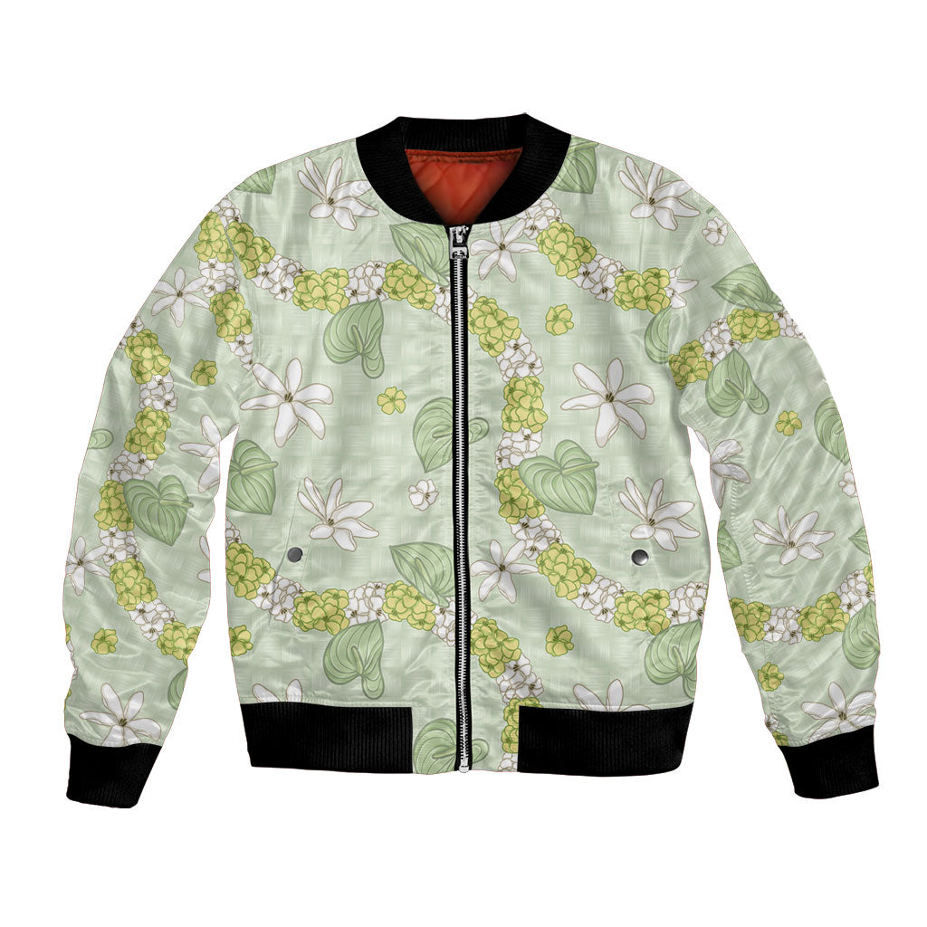 Hawaii Anthurium Tiare Pikake Lei Bomber Jacket Sage Green Lauhala Art Pattern LT01 Unisex Green - Polynesian Pride