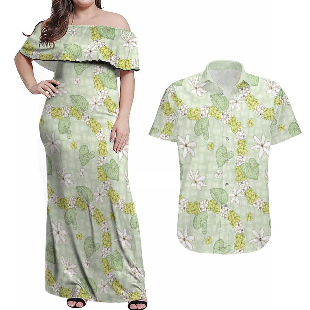 Hawaii Anthurium Tiare Pikake Lei Couples Matching Off Shoulder Maxi Dress and Hawaiian Shirt Sage Green Lauhala Art Pattern LT01 Green - Polynesian Pride