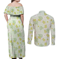 Hawaii Anthurium Tiare Pikake Lei Couples Matching Off Shoulder Maxi Dress and Long Sleeve Button Shirt Sage Green Lauhala Art Pattern