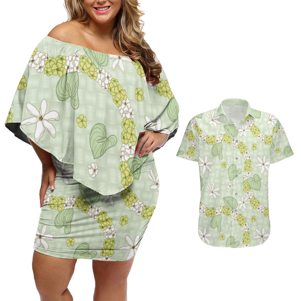 Hawaii Anthurium Tiare Pikake Lei Couples Matching Off Shoulder Short Dress and Hawaiian Shirt Sage Green Lauhala Art Pattern LT01 Green - Polynesian Pride