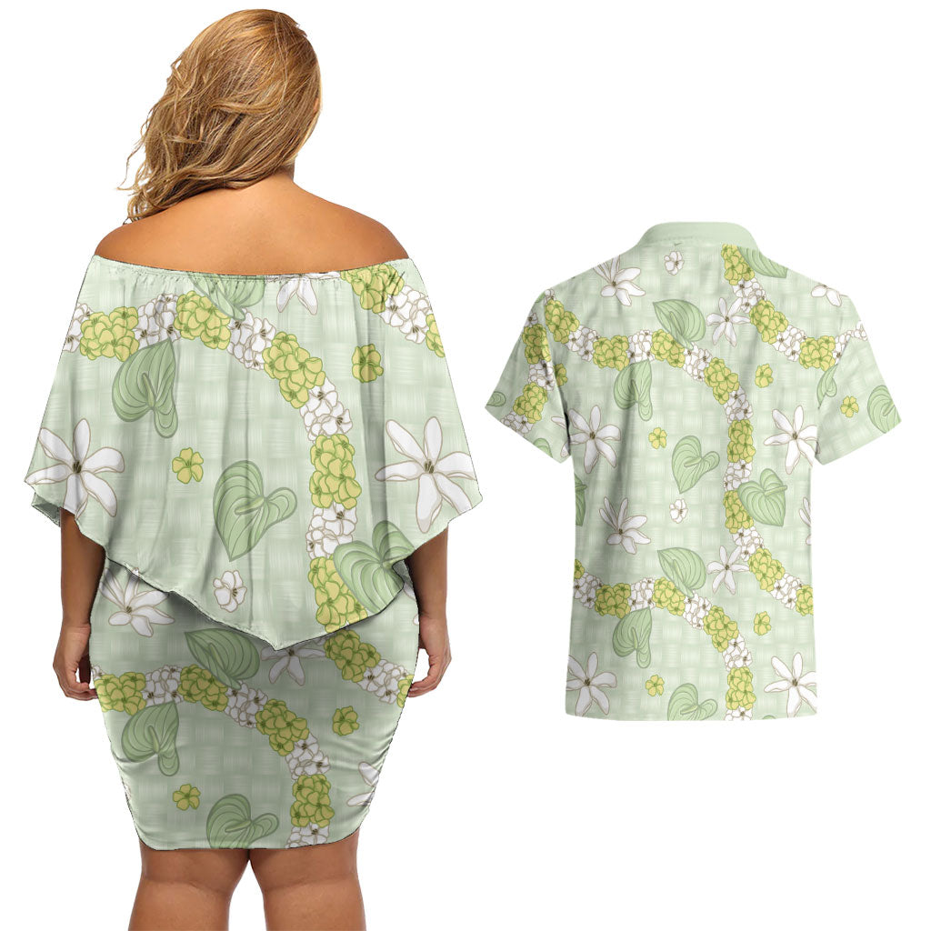 Hawaii Anthurium Tiare Pikake Lei Couples Matching Off Shoulder Short Dress and Hawaiian Shirt Sage Green Lauhala Art Pattern