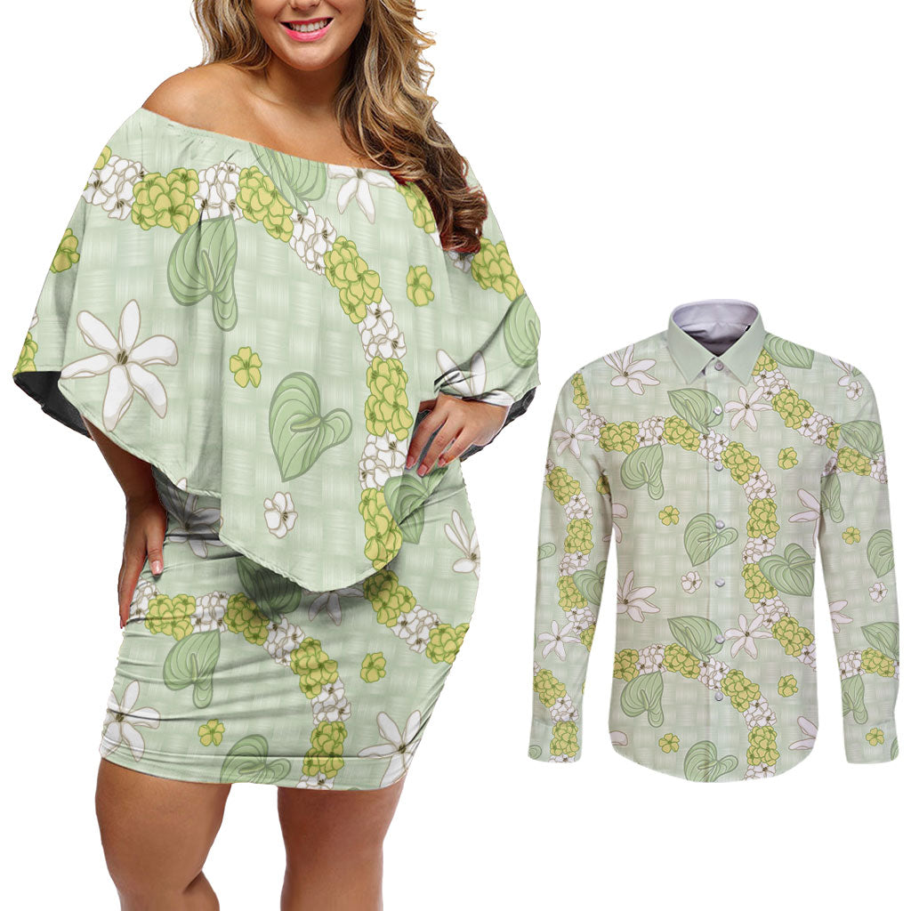 Hawaii Anthurium Tiare Pikake Lei Couples Matching Off Shoulder Short Dress and Long Sleeve Button Shirt Sage Green Lauhala Art Pattern LT01 Green - Polynesian Pride