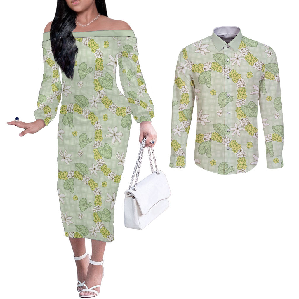 Hawaii Anthurium Tiare Pikake Lei Couples Matching Off The Shoulder Long Sleeve Dress and Long Sleeve Button Shirt Sage Green Lauhala Art Pattern