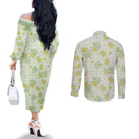 Hawaii Anthurium Tiare Pikake Lei Couples Matching Off The Shoulder Long Sleeve Dress and Long Sleeve Button Shirt Sage Green Lauhala Art Pattern