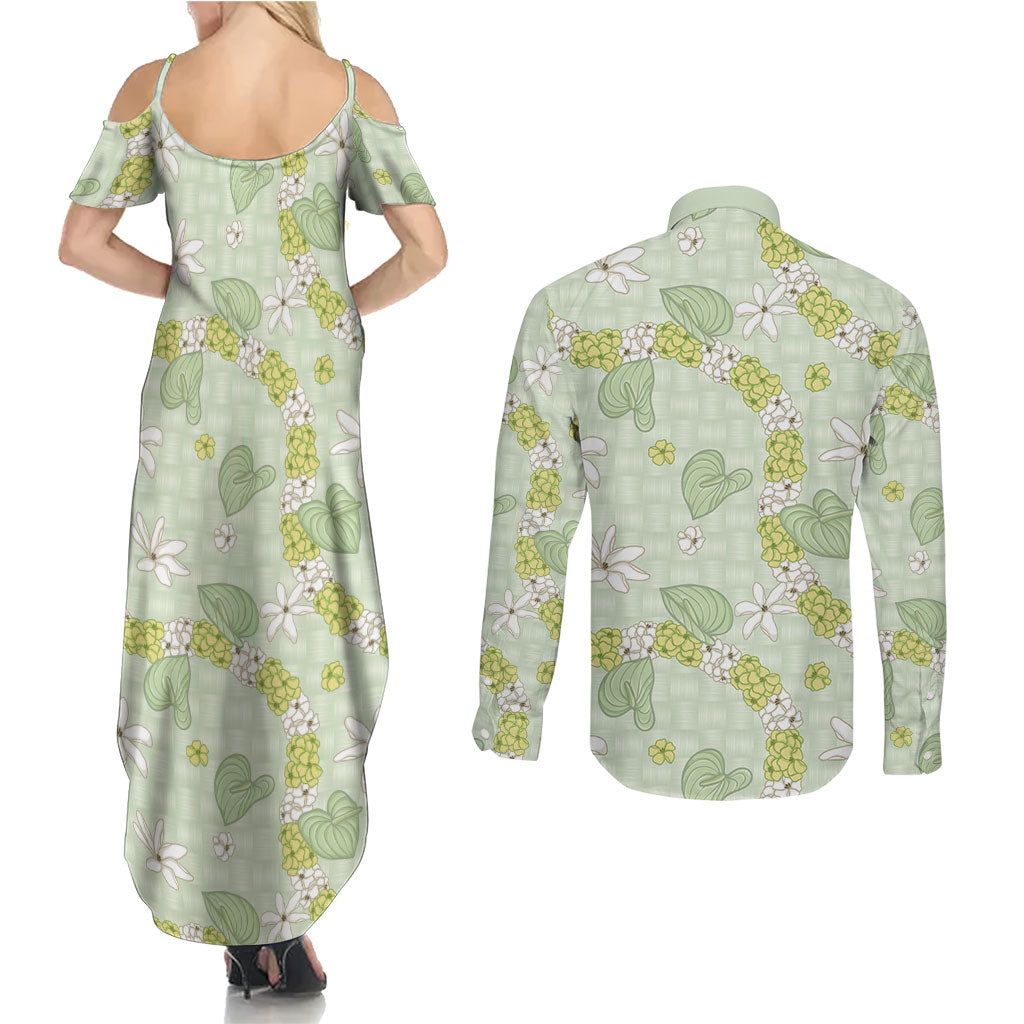 Hawaii Anthurium Tiare Pikake Lei Couples Matching Summer Maxi Dress and Long Sleeve Button Shirt Sage Green Lauhala Art Pattern