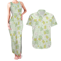 Hawaii Anthurium Tiare Pikake Lei Couples Matching Tank Maxi Dress and Hawaiian Shirt Sage Green Lauhala Art Pattern