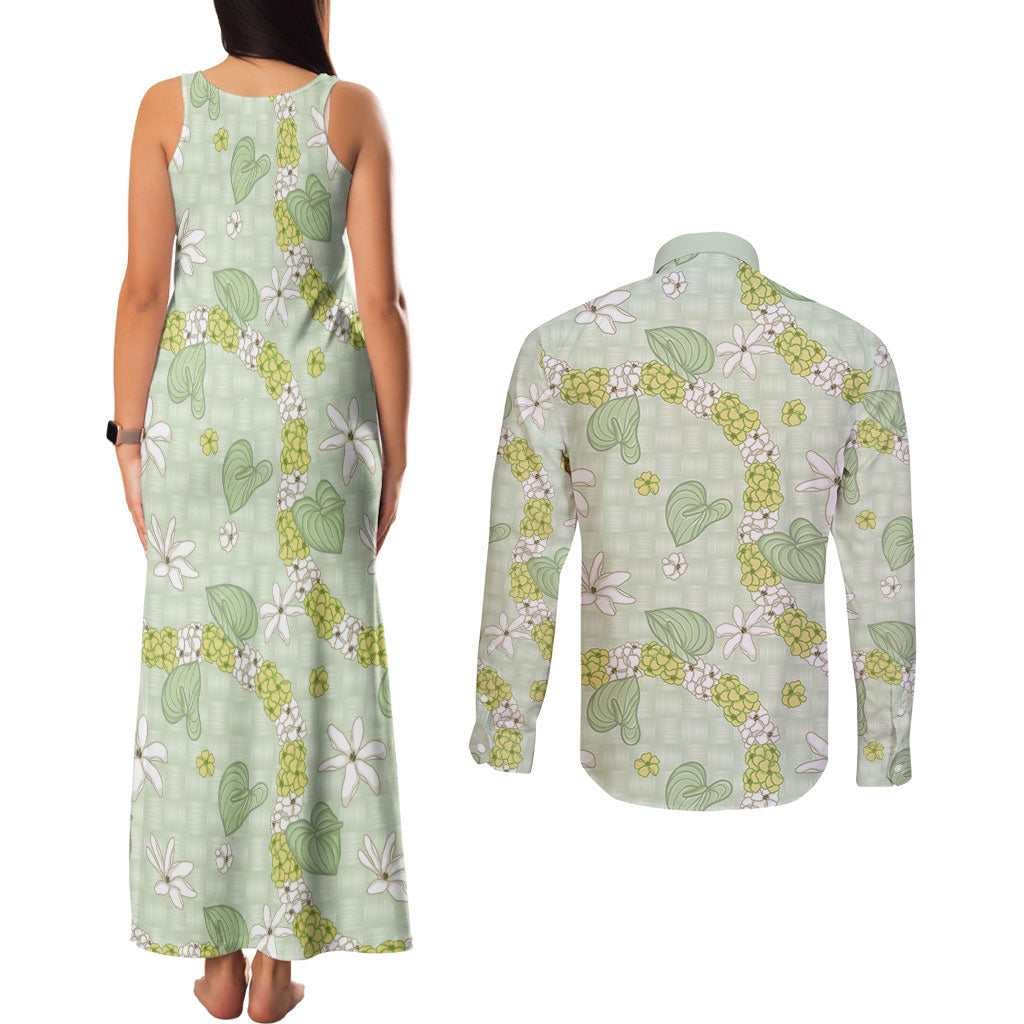 Hawaii Anthurium Tiare Pikake Lei Couples Matching Tank Maxi Dress and Long Sleeve Button Shirt Sage Green Lauhala Art Pattern