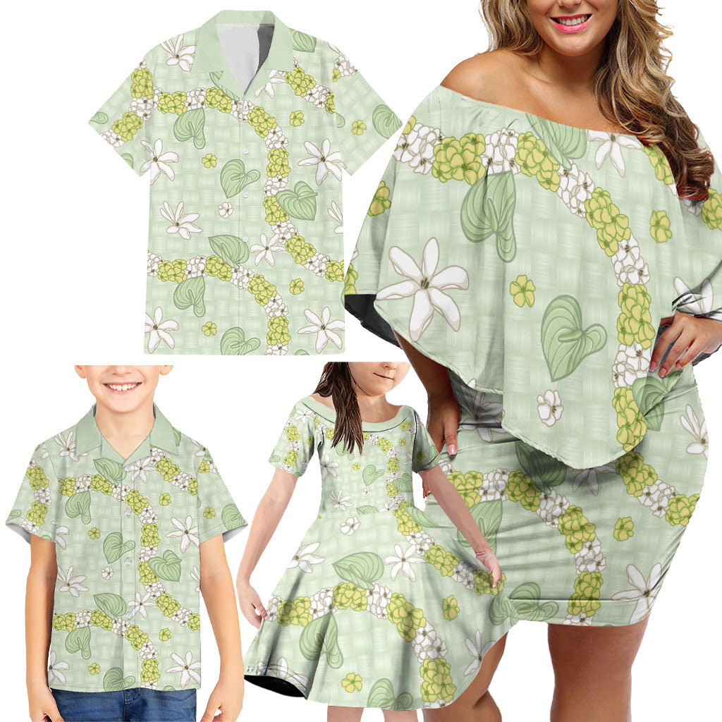 Hawaii Anthurium Tiare Pikake Lei Family Matching Off Shoulder Short Dress and Hawaiian Shirt Sage Green Lauhala Art Pattern