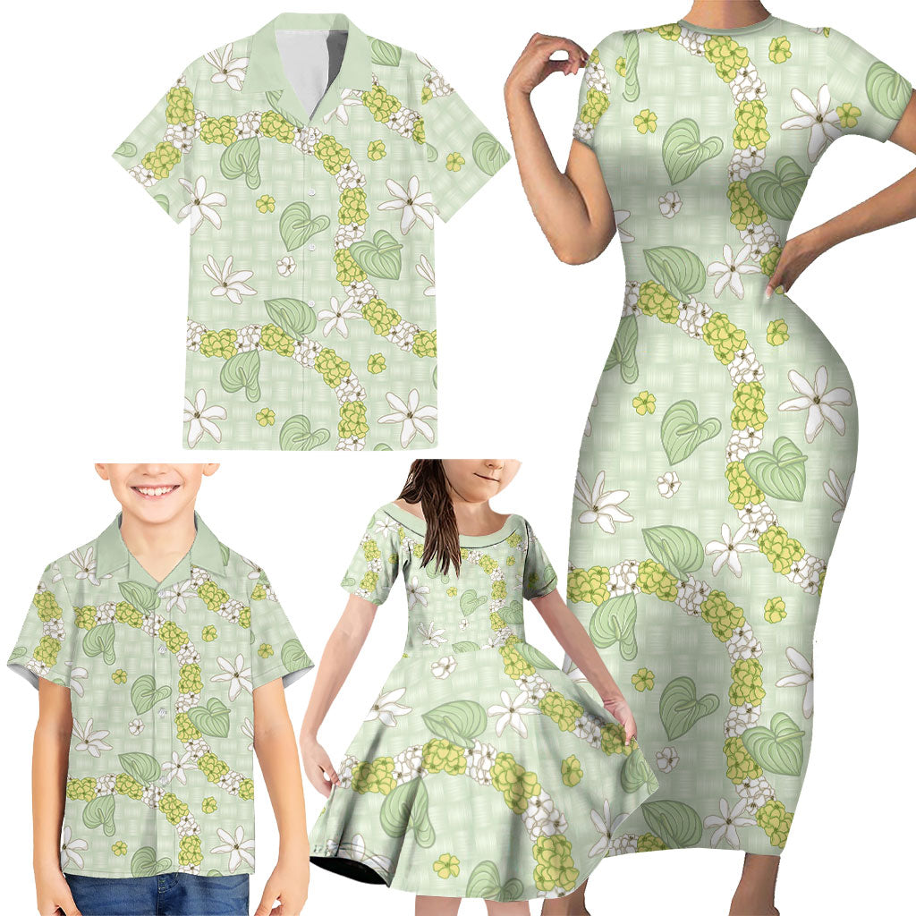 Hawaii Anthurium Tiare Pikake Lei Family Matching Short Sleeve Bodycon Dress and Hawaiian Shirt Sage Green Lauhala Art Pattern