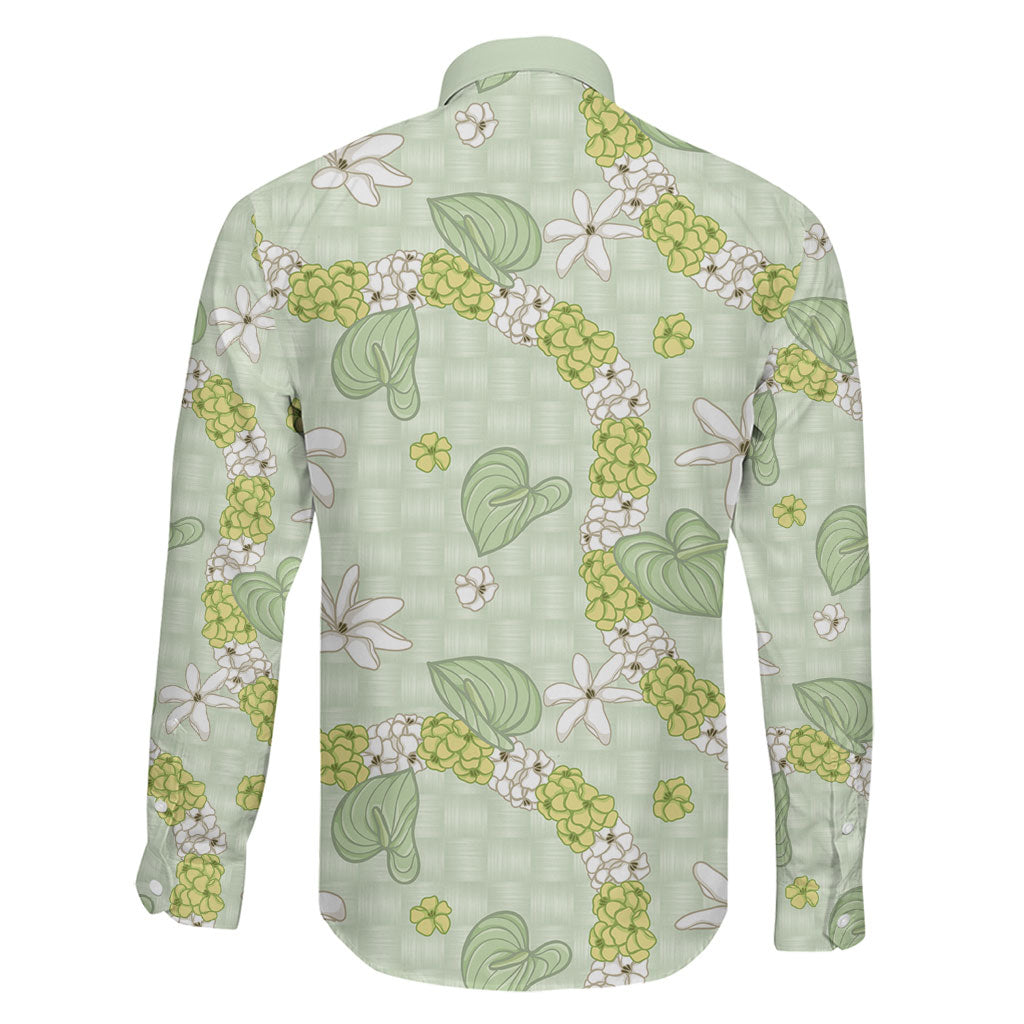 Hawaii Anthurium Tiare Pikake Lei Family Matching Short Sleeve Bodycon Dress and Hawaiian Shirt Sage Green Lauhala Art Pattern