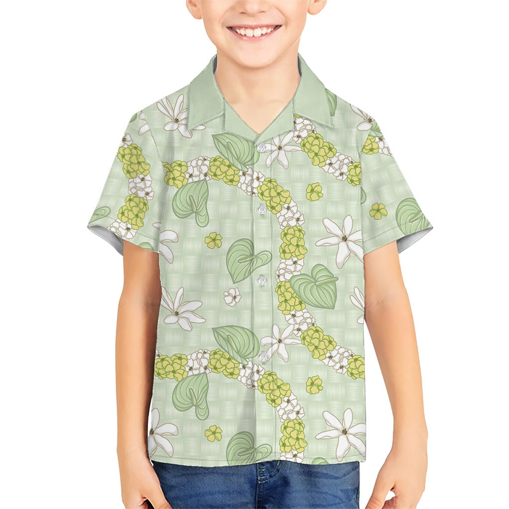 Hawaii Anthurium Tiare Pikake Lei Family Matching Short Sleeve Bodycon Dress and Hawaiian Shirt Sage Green Lauhala Art Pattern