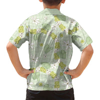 Hawaii Anthurium Tiare Pikake Lei Family Matching Tank Maxi Dress and Hawaiian Shirt Sage Green Lauhala Art Pattern