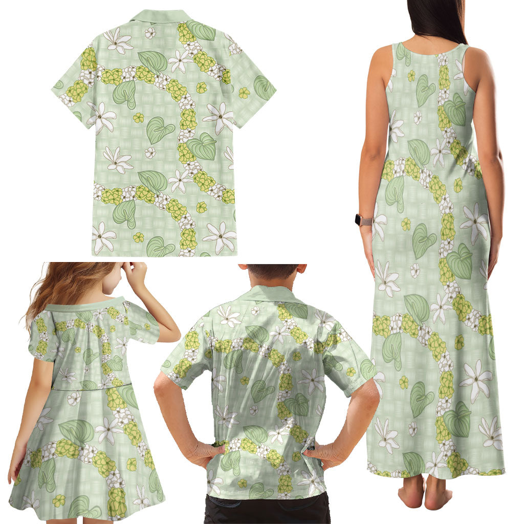 Hawaii Anthurium Tiare Pikake Lei Family Matching Tank Maxi Dress and Hawaiian Shirt Sage Green Lauhala Art Pattern