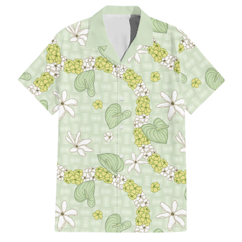Hawaii Anthurium Tiare Pikake Lei Family Matching Tank Maxi Dress and Hawaiian Shirt Sage Green Lauhala Art Pattern