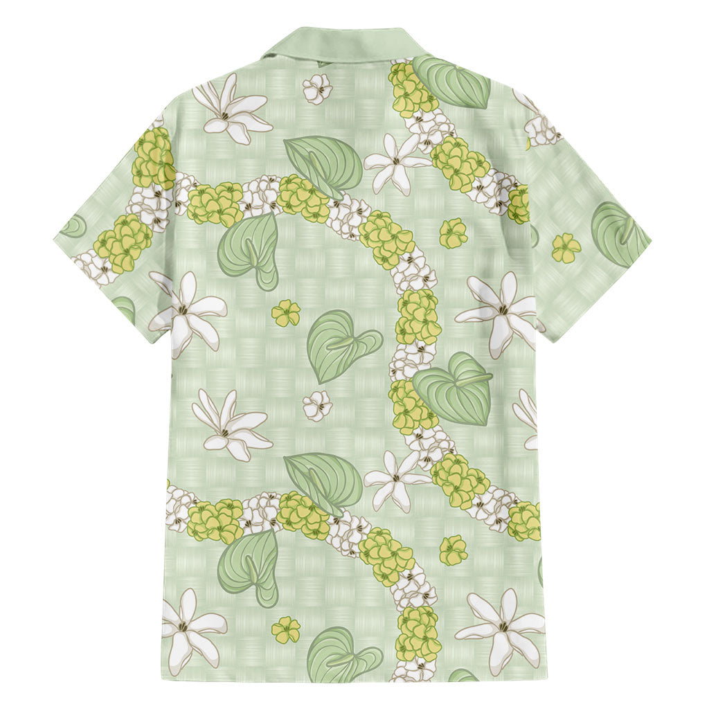 Hawaii Anthurium Tiare Pikake Lei Family Matching Tank Maxi Dress and Hawaiian Shirt Sage Green Lauhala Art Pattern