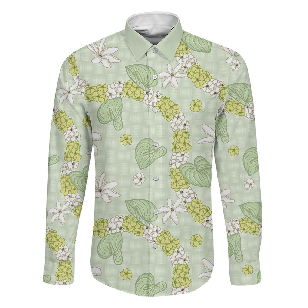 Hawaii Anthurium Tiare Pikake Lei Family Matching Tank Maxi Dress and Hawaiian Shirt Sage Green Lauhala Art Pattern