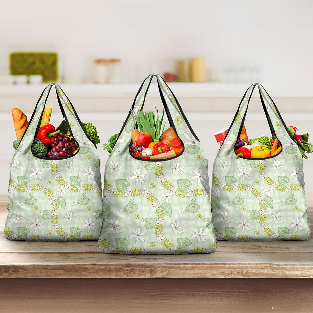 Hawaii Anthurium Tiare Pikake Lei Grocery Bag Sage Green Lauhala Art Pattern LT01 3-pack One Size Green - Polynesian Pride