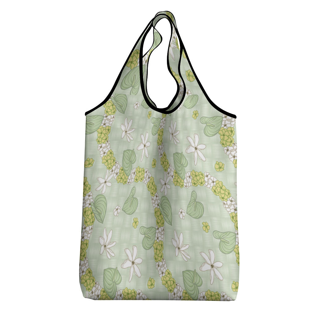 Hawaii Anthurium Tiare Pikake Lei Grocery Bag Sage Green Lauhala Art Pattern LT01 - Polynesian Pride