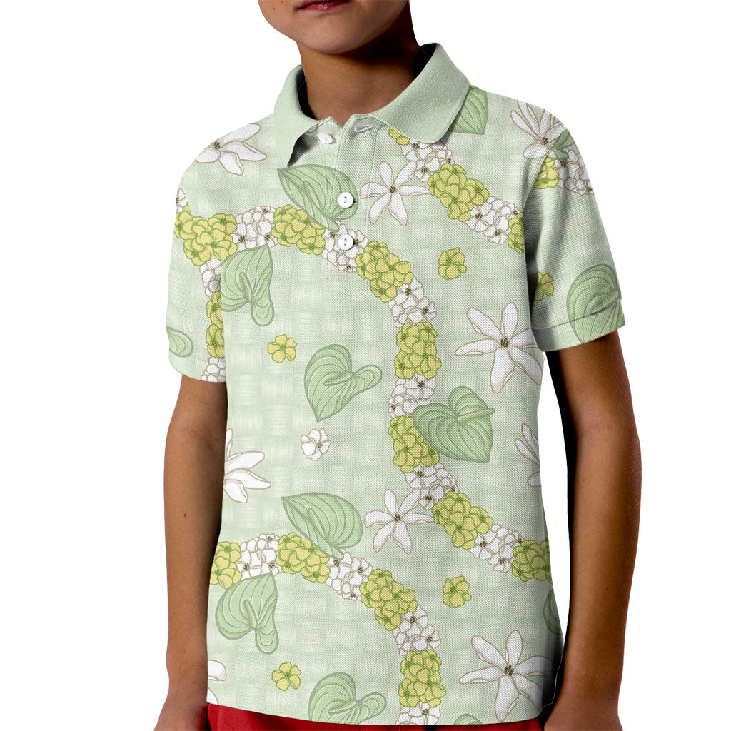 Hawaii Anthurium Tiare Pikake Lei Kid Polo Shirt Sage Green Lauhala Art Pattern