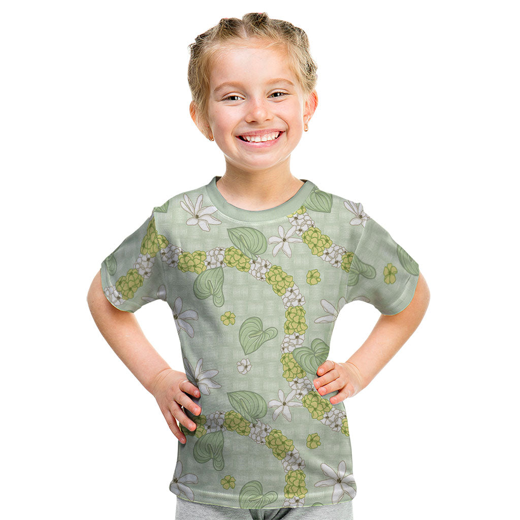 Hawaii Anthurium Tiare Pikake Lei Kid T Shirt Sage Green Lauhala Art Pattern LT01 Green - Polynesian Pride