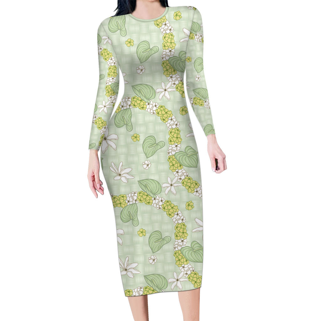 Hawaii Anthurium Tiare Pikake Lei Long Sleeve Bodycon Dress Sage Green Lauhala Art Pattern LT01 Long Dress Green - Polynesian Pride