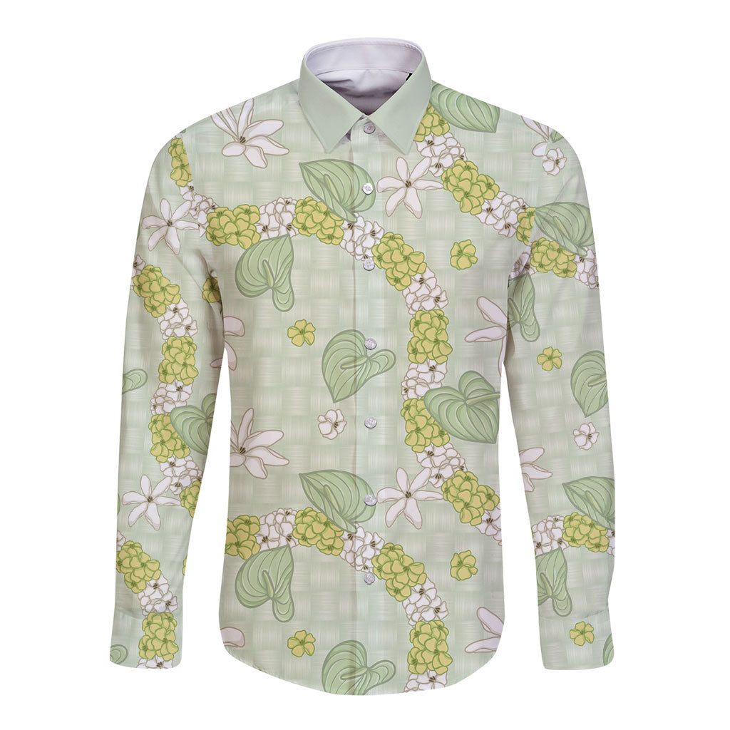 Hawaii Anthurium Tiare Pikake Lei Long Sleeve Button Shirt Sage Green Lauhala Art Pattern LT01 Unisex Green - Polynesian Pride