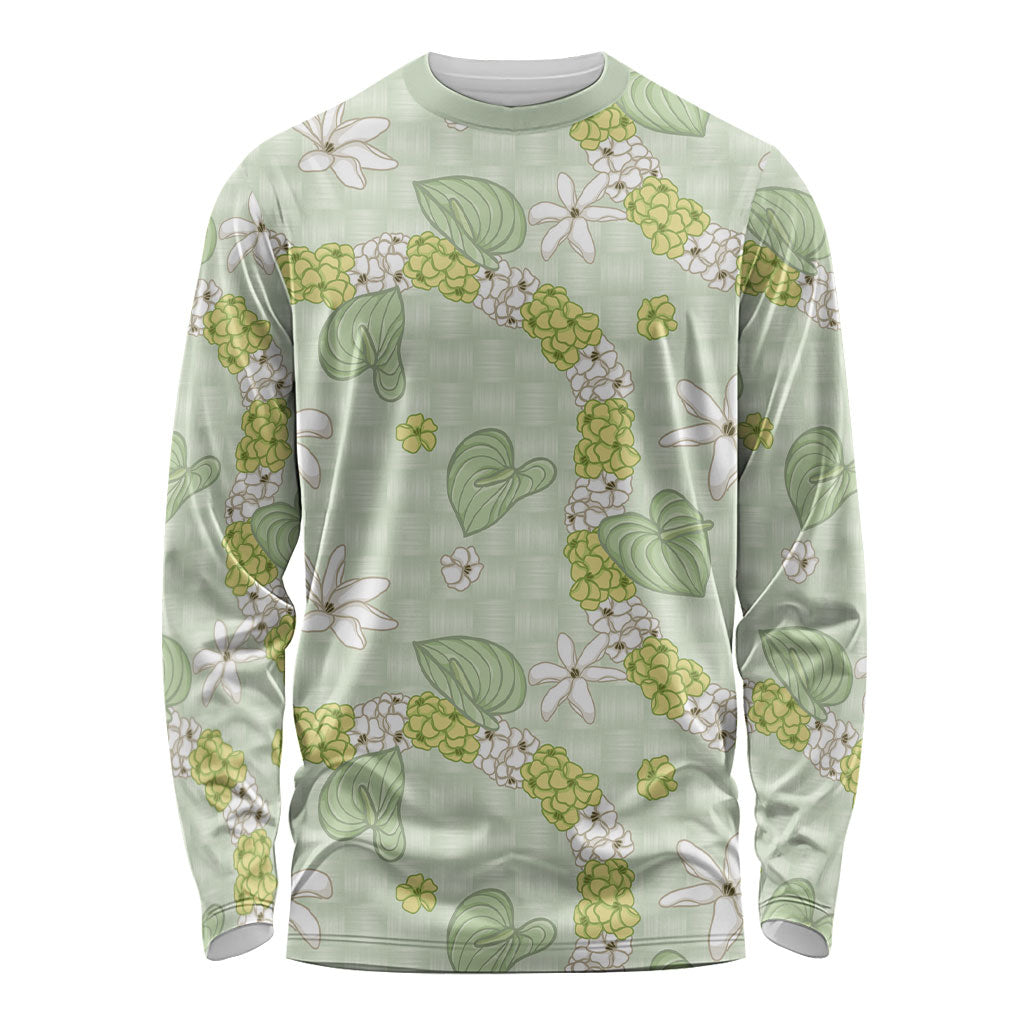 Hawaii Anthurium Tiare Pikake Lei Long Sleeve Shirt Sage Green Lauhala Art Pattern LT01 Unisex Green - Polynesian Pride