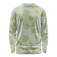 Hawaii Anthurium Tiare Pikake Lei Long Sleeve Shirt Sage Green Lauhala Art Pattern