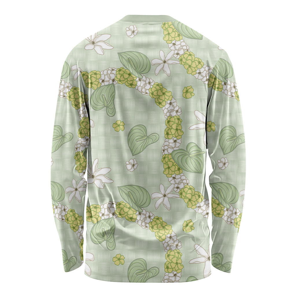 Hawaii Anthurium Tiare Pikake Lei Long Sleeve Shirt Sage Green Lauhala Art Pattern