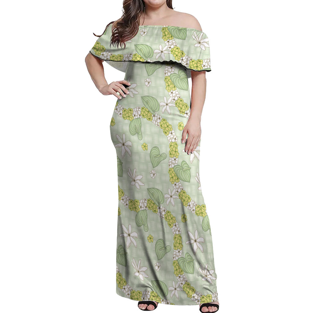 Hawaii Anthurium Tiare Pikake Lei Off Shoulder Maxi Dress Sage Green Lauhala Art Pattern LT01 Women Green - Polynesian Pride