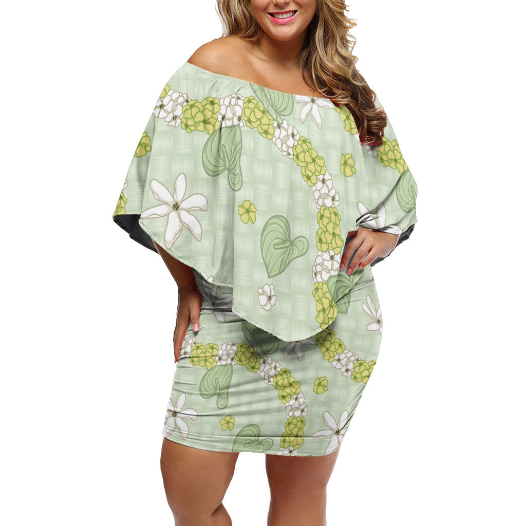 Hawaii Anthurium Tiare Pikake Lei Off Shoulder Short Dress Sage Green Lauhala Art Pattern